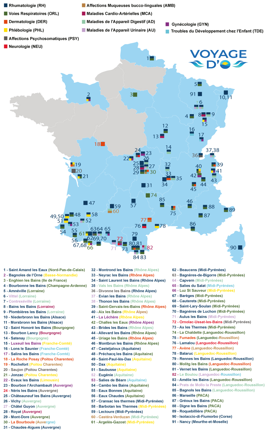 Carte des cures thermales en France